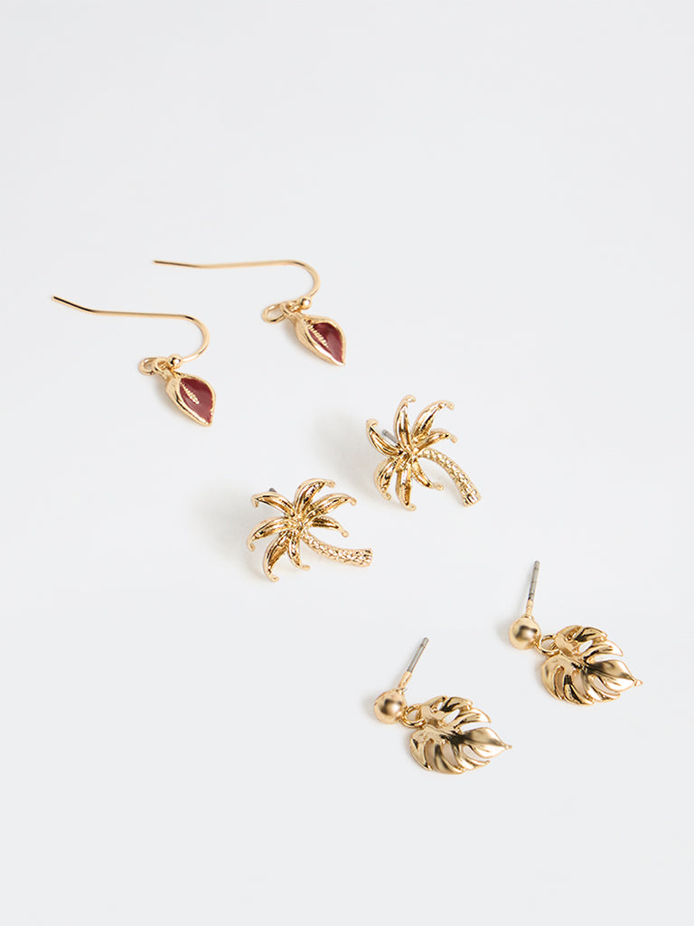 Westside Accessories Gold Botanical Design Stud and Dangle Earrings - Pack of 3