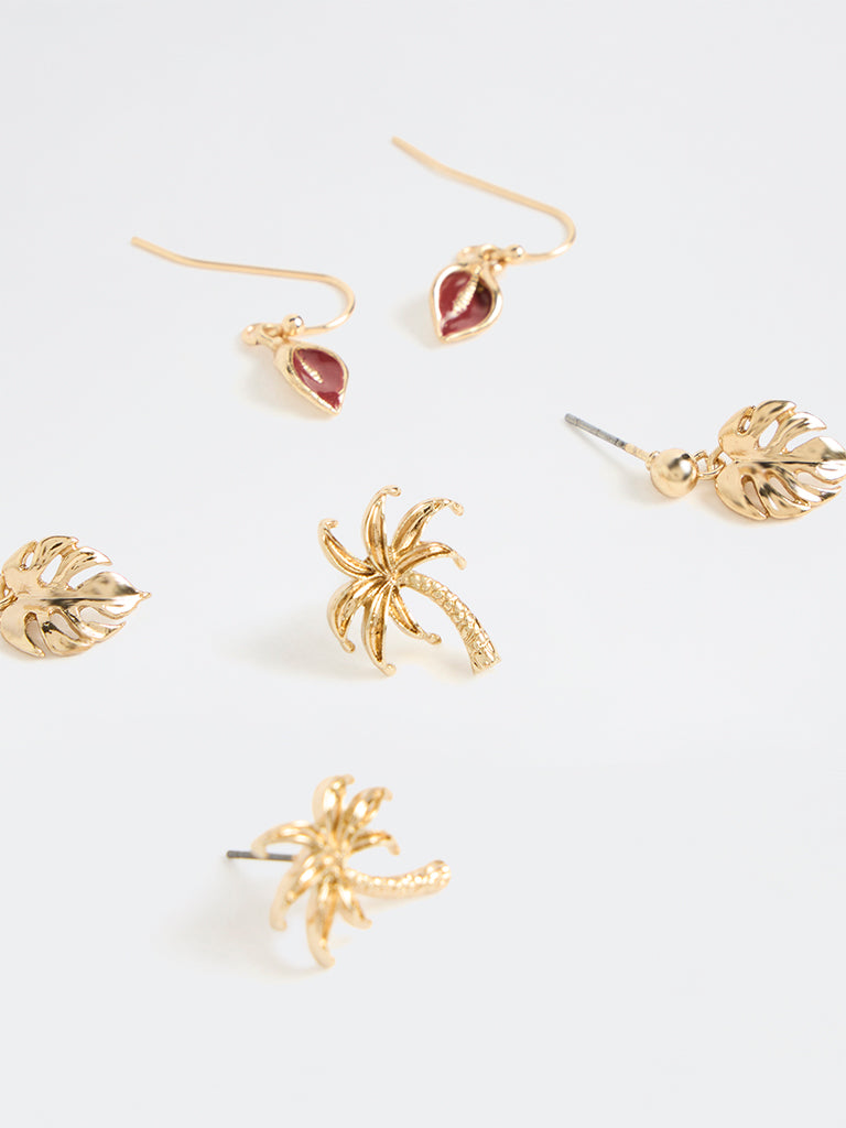 Westside Accessories Gold Botanical Design Stud and Dangle Earrings - Pack of 3