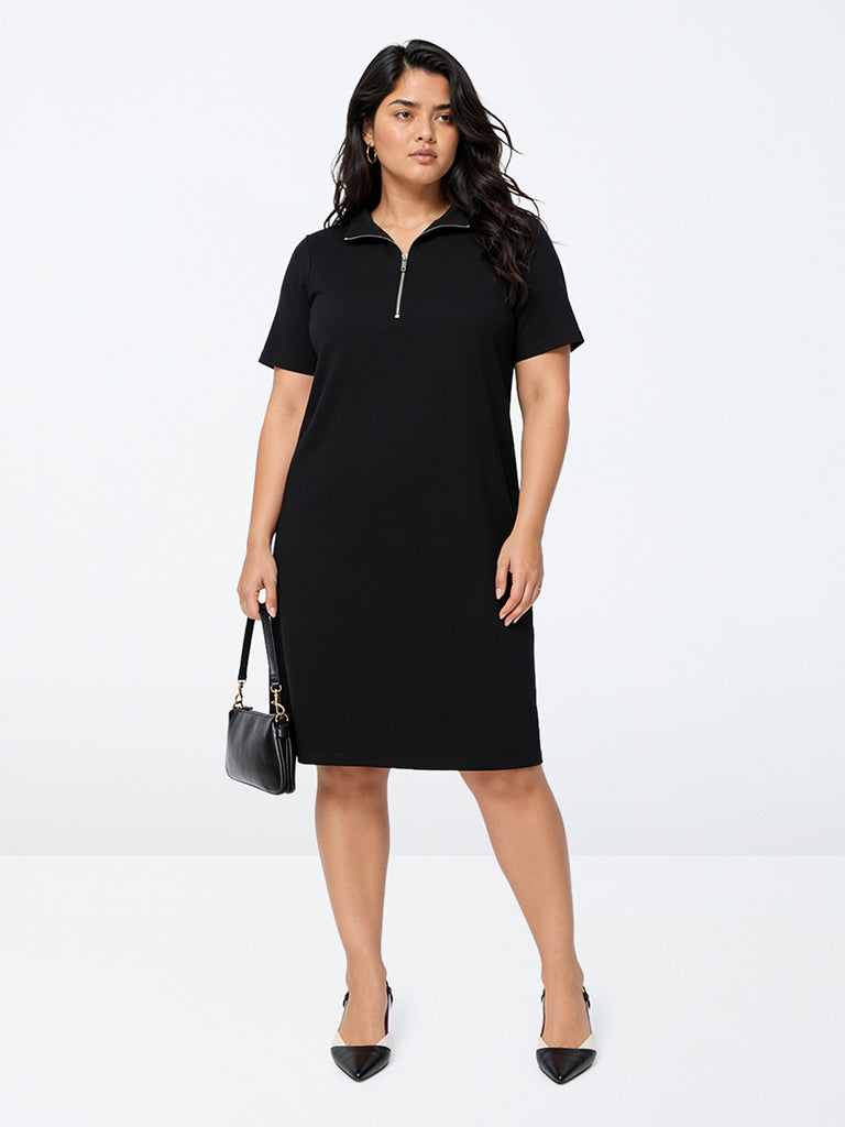 Gia Black Ribbed-Textured Straight T-Shirt Dress