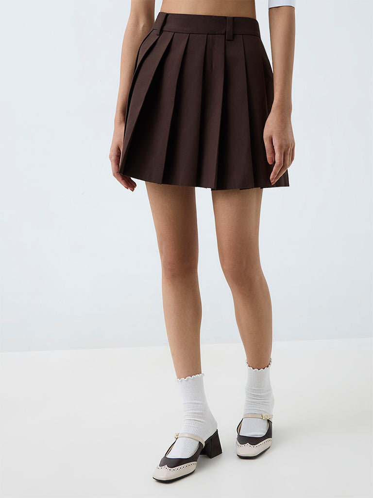 Nuon Dark Brown Pleated High-Rise Mini Skirt