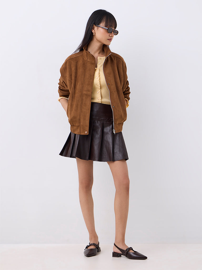Nuon Brown Solid Suede Jacket
