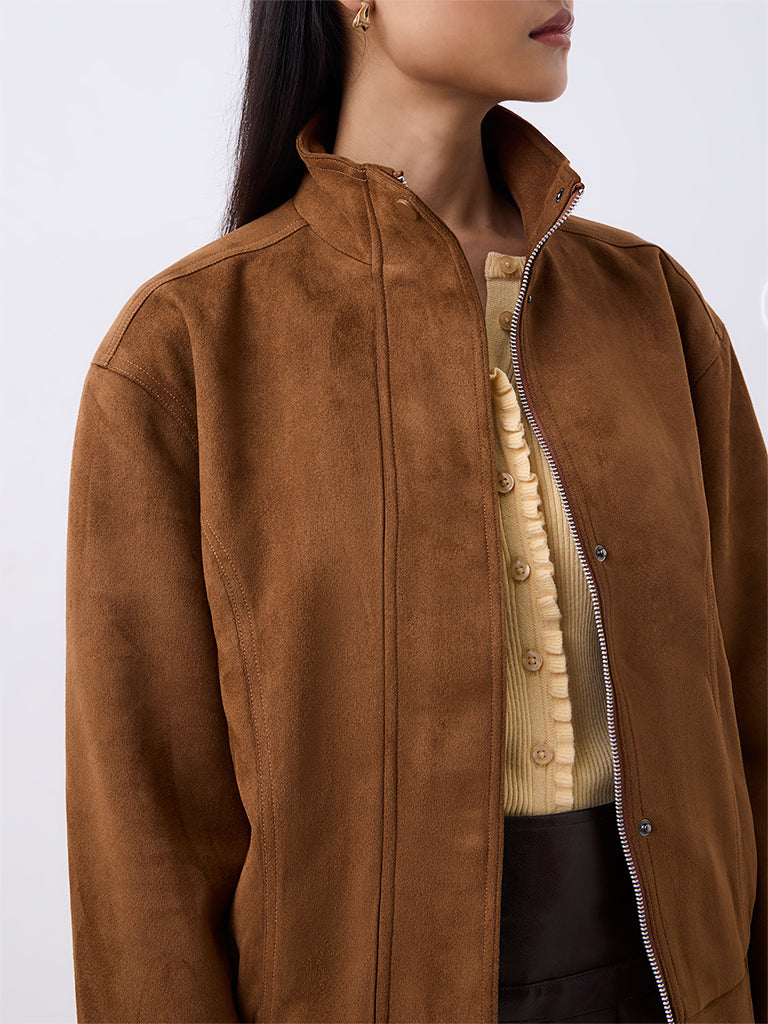 Nuon Brown Solid Suede Jacket