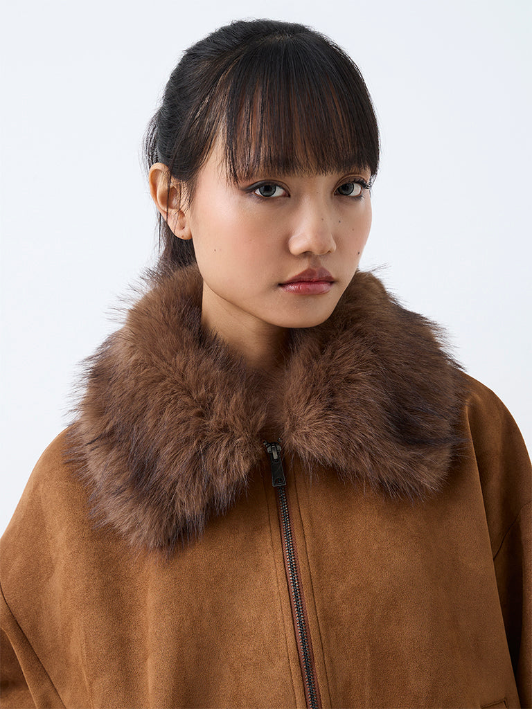 Nuon Brown Solid Suede Jacket with a Fur Collar