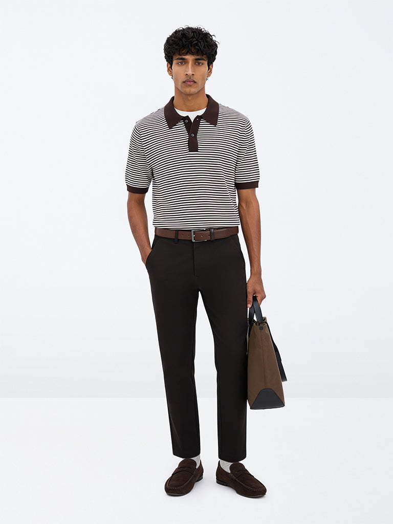 Ascot Dark Brown Relaxed-Fit Mid-Rise Cotton-Blend Trousers