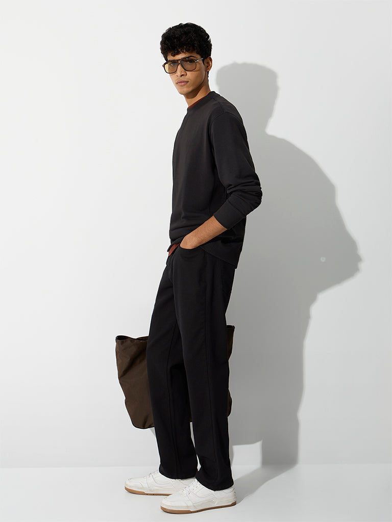 WES Casuals Black Solid Relaxed-Fit Cotton-Blend Sweatshirt