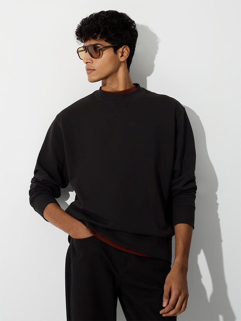 WES Casuals Black Solid Relaxed-Fit Cotton-Blend Sweatshirt