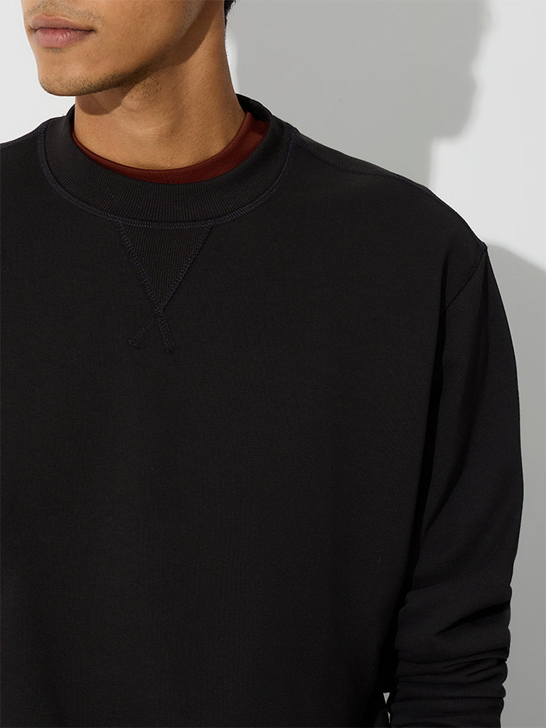 WES Casuals Black Solid Relaxed-Fit Cotton-Blend Sweatshirt
