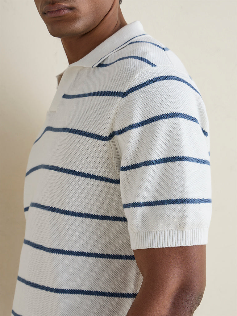 WES Casuals Off-White Striped Relaxed-Fit Cotton T-Shirt