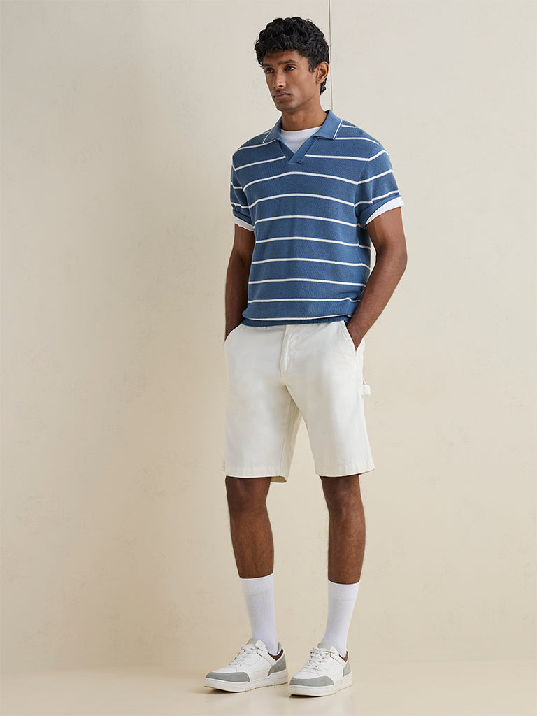 WES Casuals Dusty Blue Striped Relaxed-Fit Cotton T-Shirt