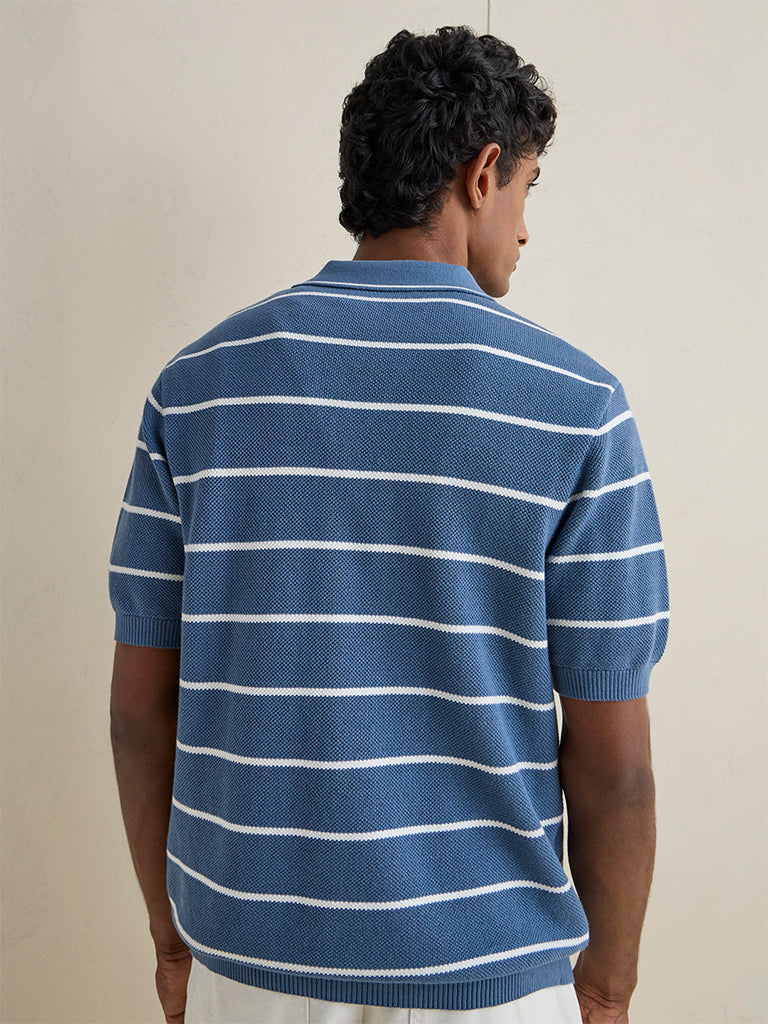 WES Casuals Dusty Blue Striped Relaxed-Fit Cotton T-Shirt