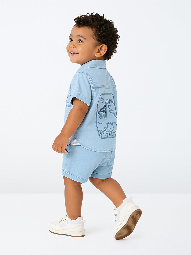 HOP Baby Boys Light Blue Dinosaur Embroidered Cotton Shirt and Shorts Set