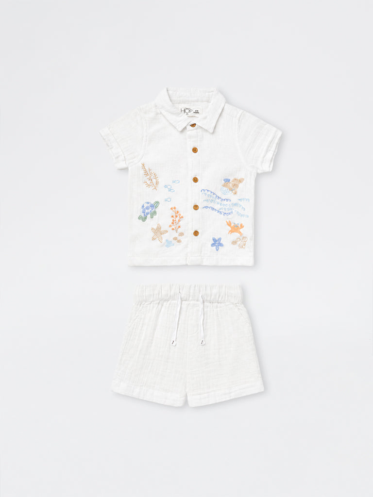 HOP Baby Boys White Embroidered Cotton Shirt with Shorts Set