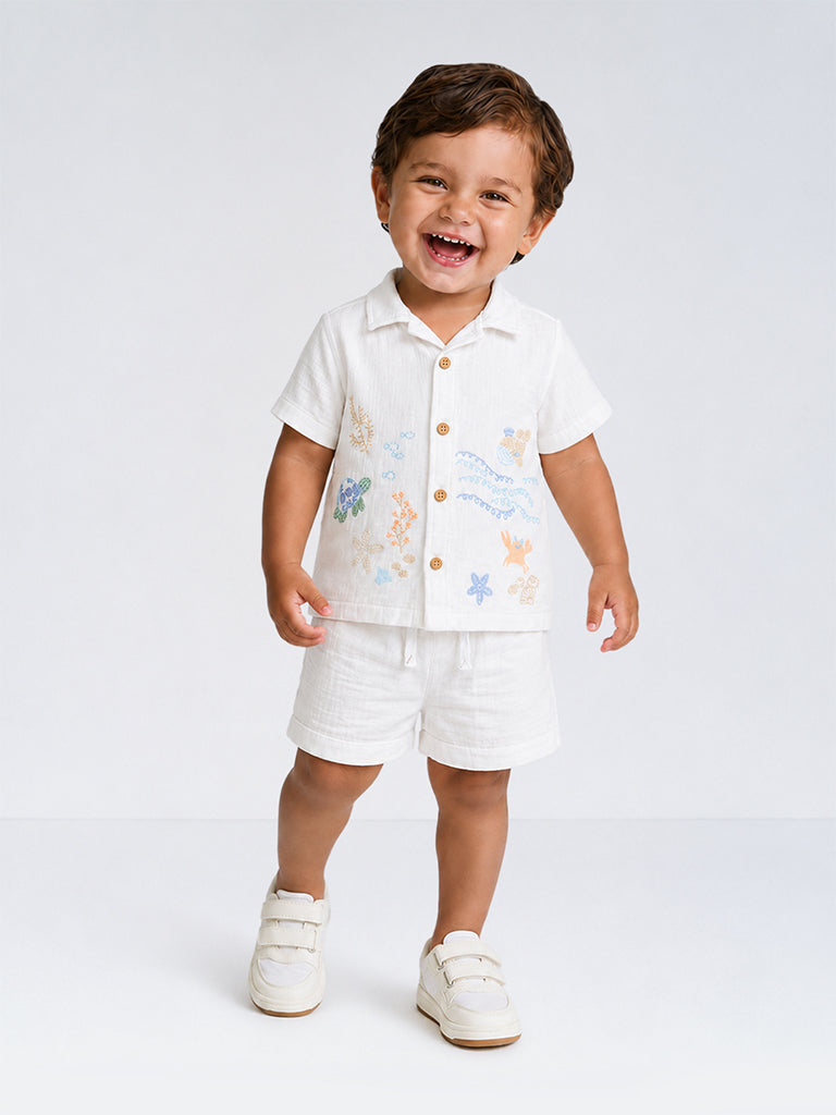 HOP Baby Boys White Embroidered Cotton Shirt with Shorts Set