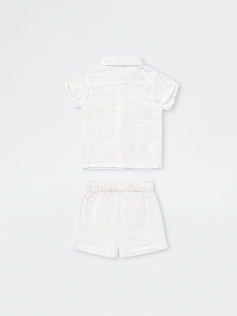 HOP Baby Boys White Embroidered Cotton Shirt with Shorts Set