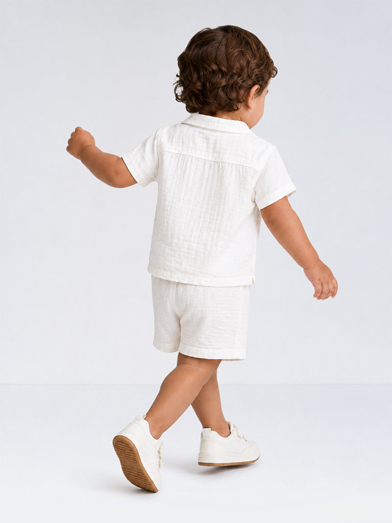 HOP Baby Boys White Embroidered Cotton Shirt with Shorts Set