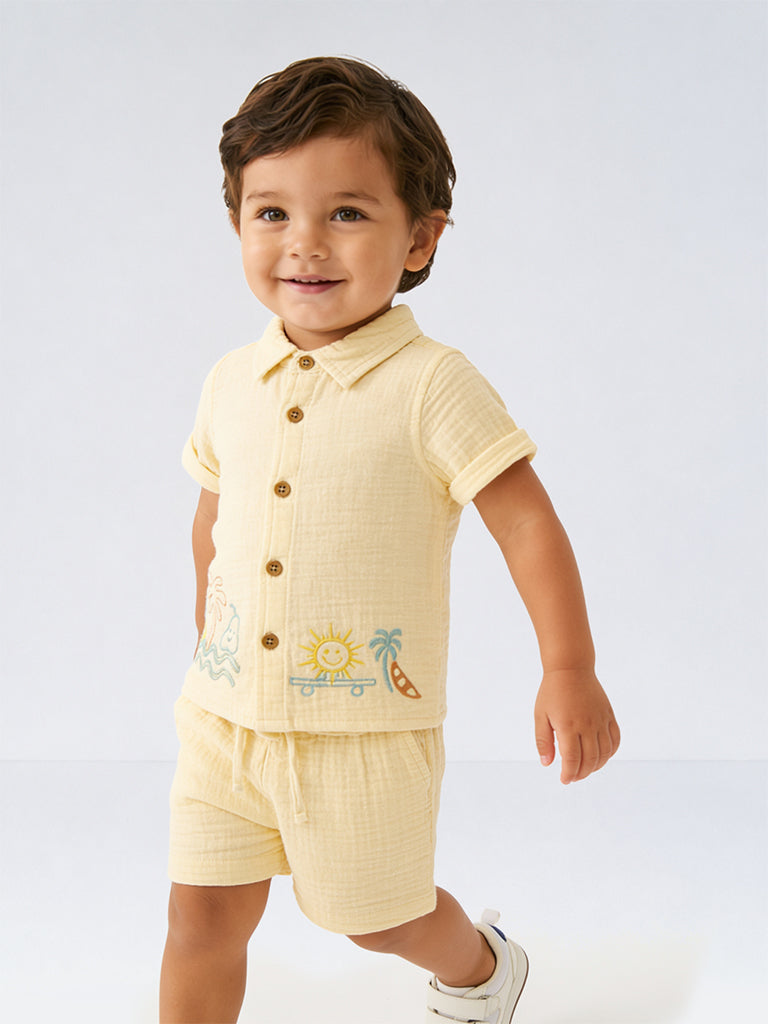 HOP Baby Boys Light Yellow Embroidered Cotton Shirt and Shorts Set