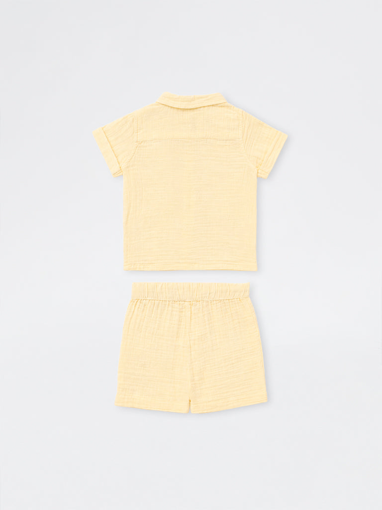 HOP Baby Boys Light Yellow Embroidered Cotton Shirt and Shorts Set
