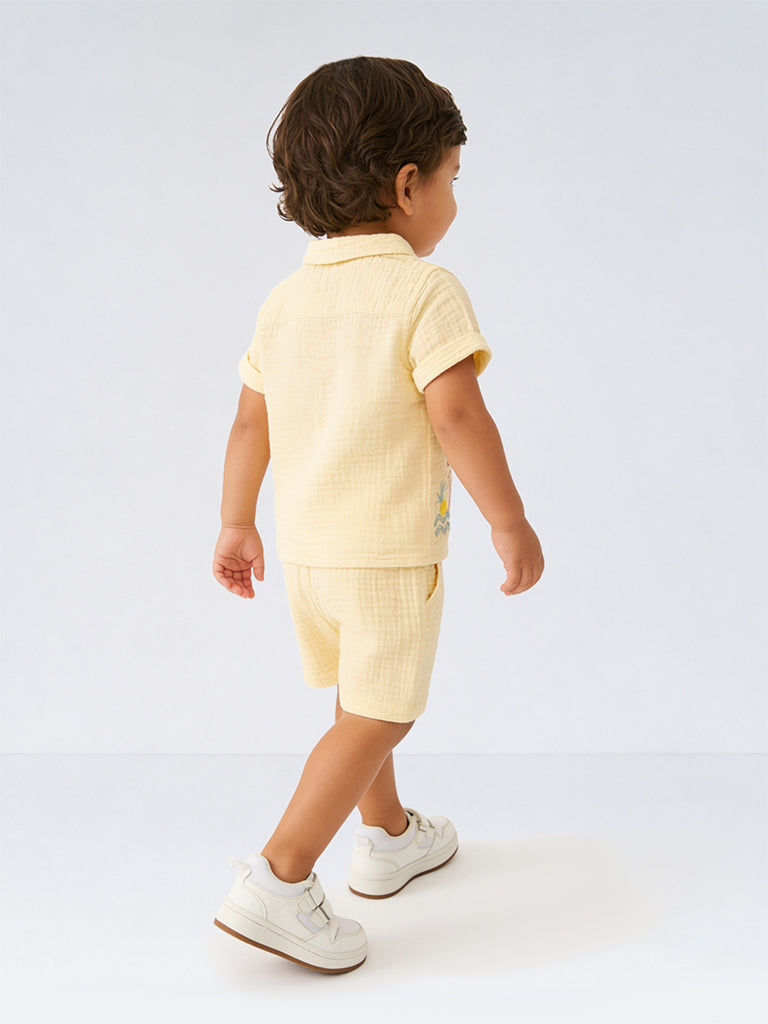 HOP Baby Boys Light Yellow Embroidered Cotton Shirt and Shorts Set