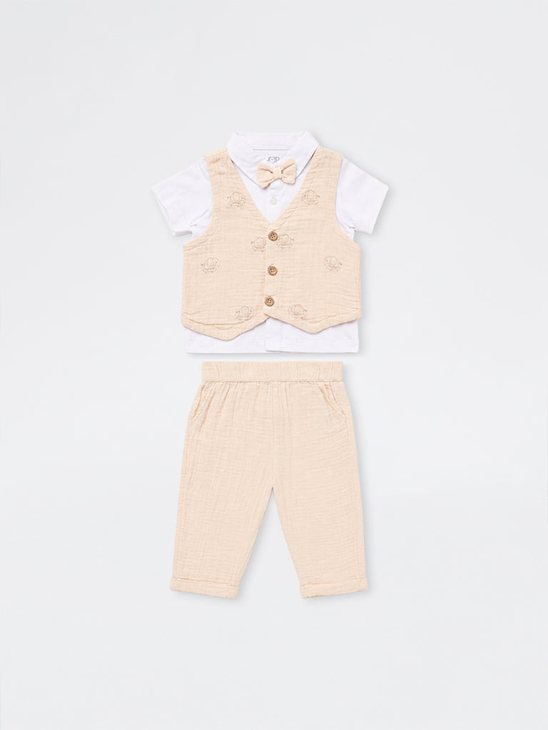 HOP Baby Boys Light Beige Cotton Shirt, Pants, Waistcoat and Bow Set