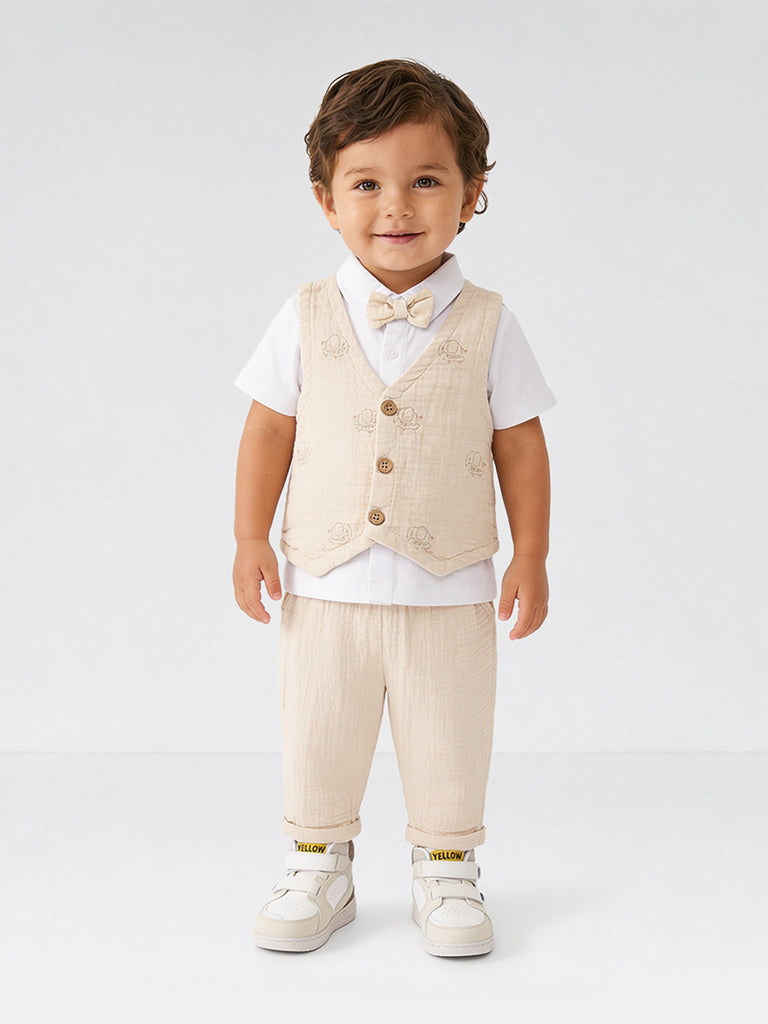 HOP Baby Boys Light Beige Cotton Shirt, Pants, Waistcoat and Bow Set
