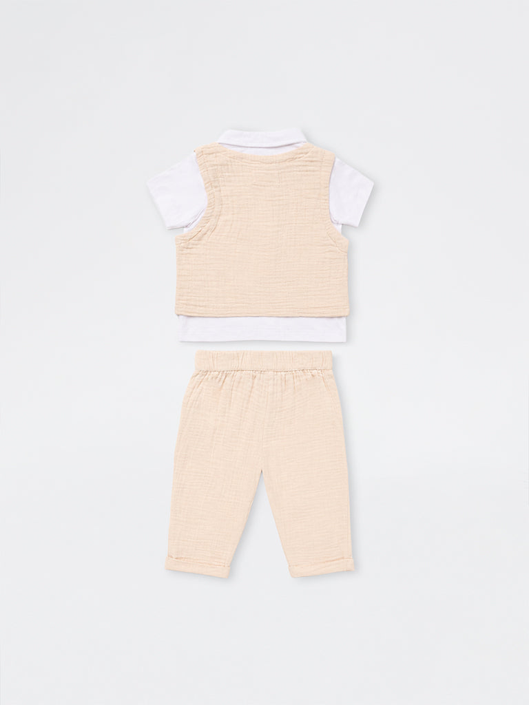 HOP Baby Boys Light Beige Cotton Shirt, Pants, Waistcoat and Bow Set