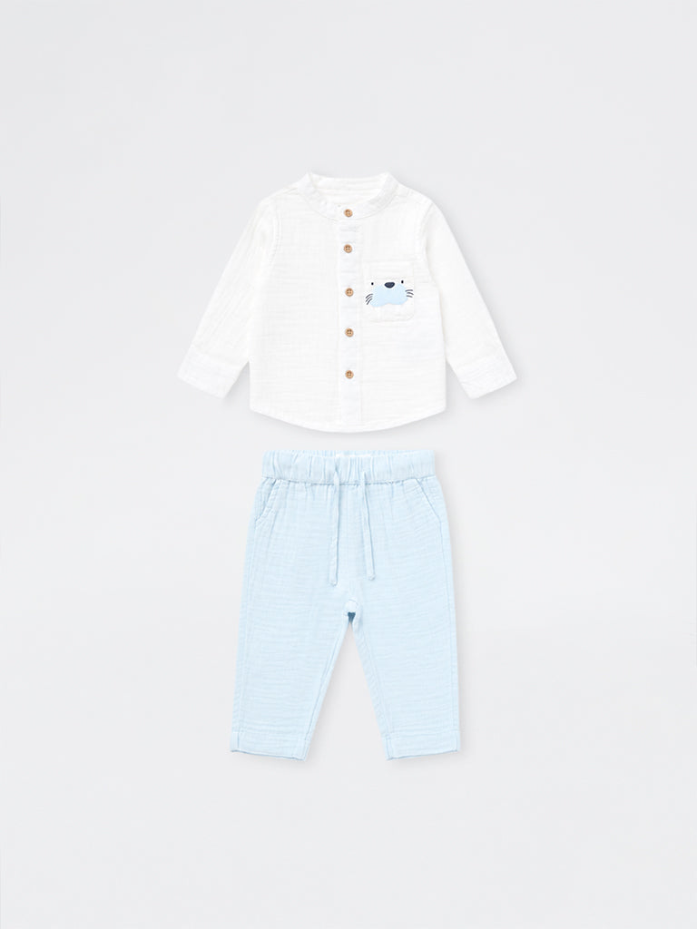 HOP Baby Boys White Crinkle-Textured Cotton Shirt and Pants Set