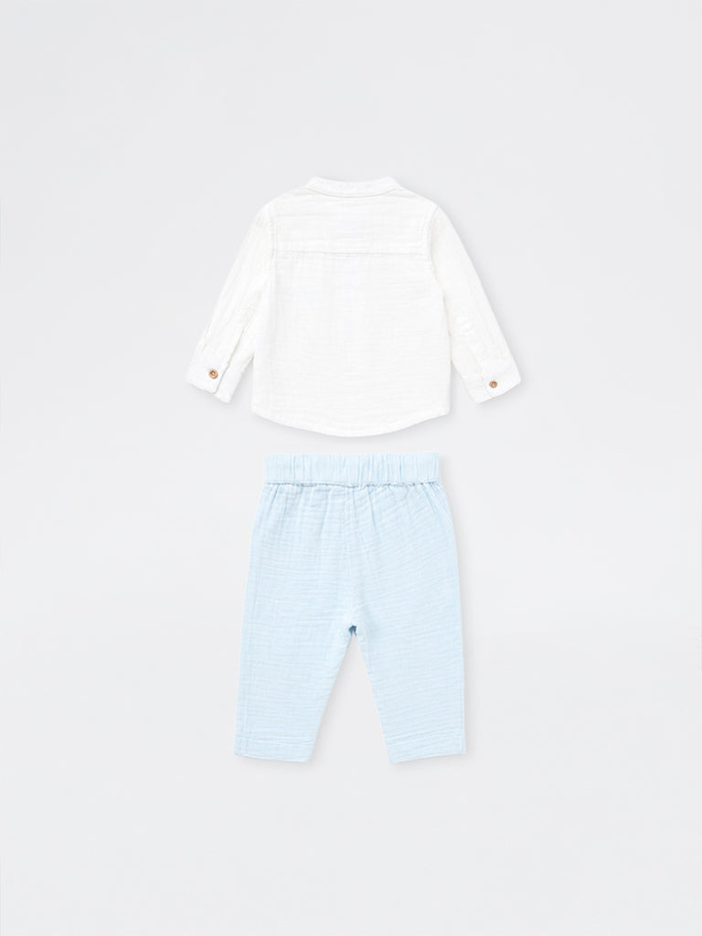HOP Baby Boys White Crinkle-Textured Cotton Shirt and Pants Set