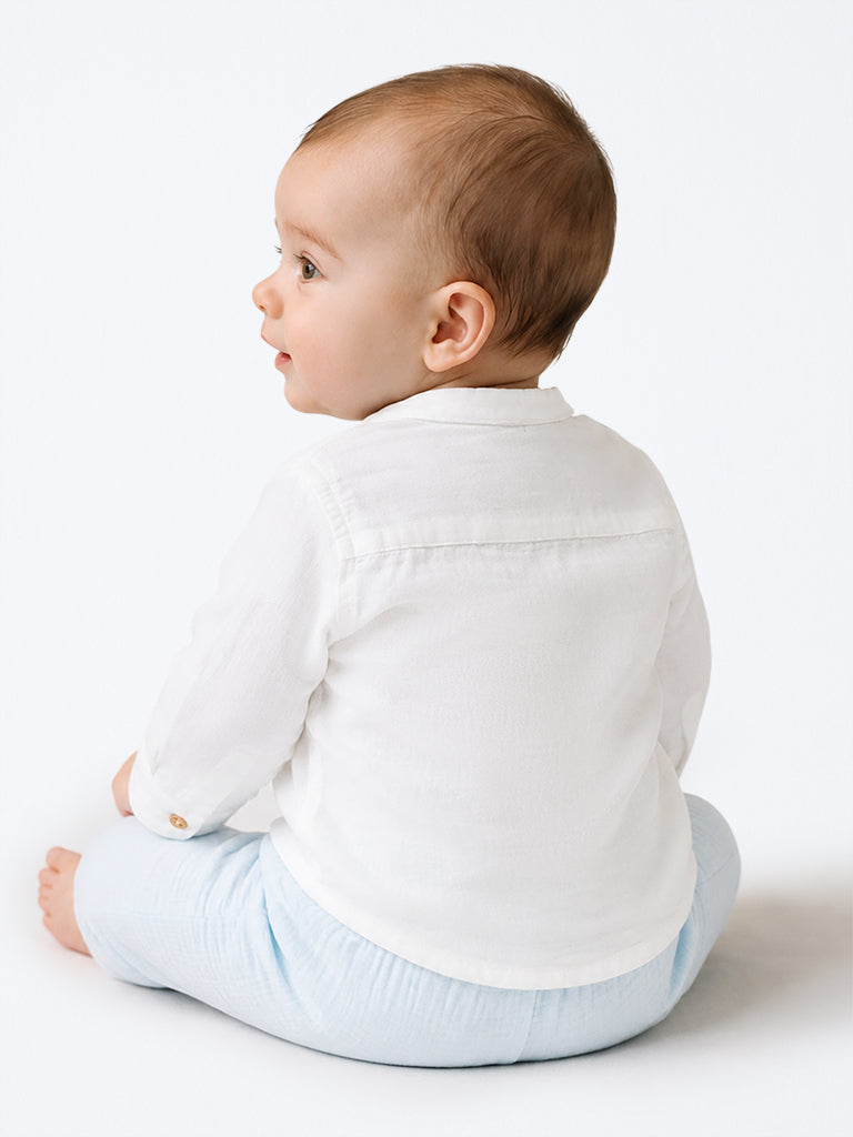 HOP Baby Boys White Crinkle-Textured Cotton Shirt and Pants Set