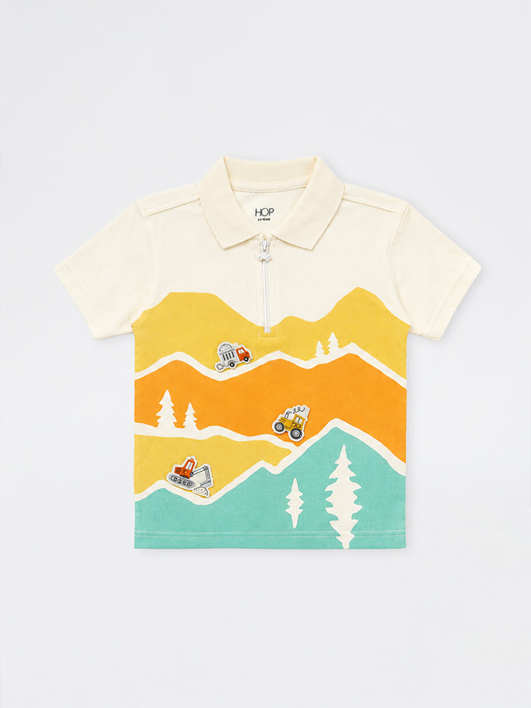 HOP Kids Boys Off-White Printed Quarter-Zip Cotton T-Shirt