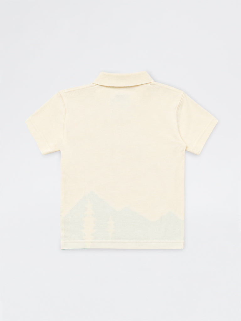 HOP Kids Boys Off-White Printed Quarter-Zip Cotton T-Shirt