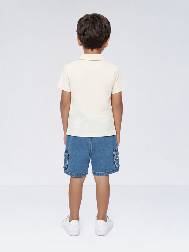 HOP Kids Boys Off-White Printed Quarter-Zip Cotton T-Shirt