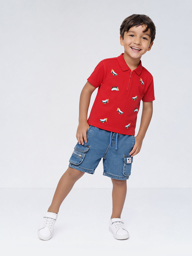 HOP Kids Boys Red Embroidered Quarter-Zip Cotton T-Shirt