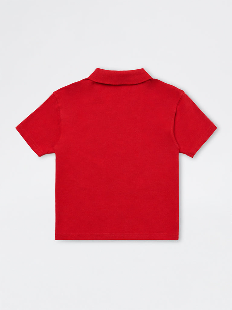HOP Kids Boys Red Embroidered Quarter-Zip Cotton T-Shirt