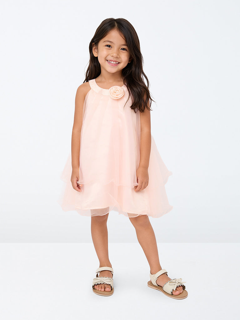 HOP Kids Girls Peach Floral Appliqué Party Dress