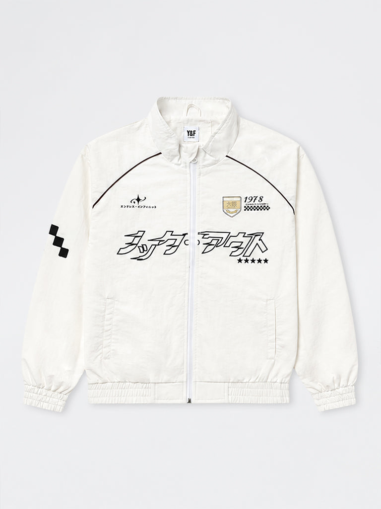 Boys White Japanese Text-Printed Jacket