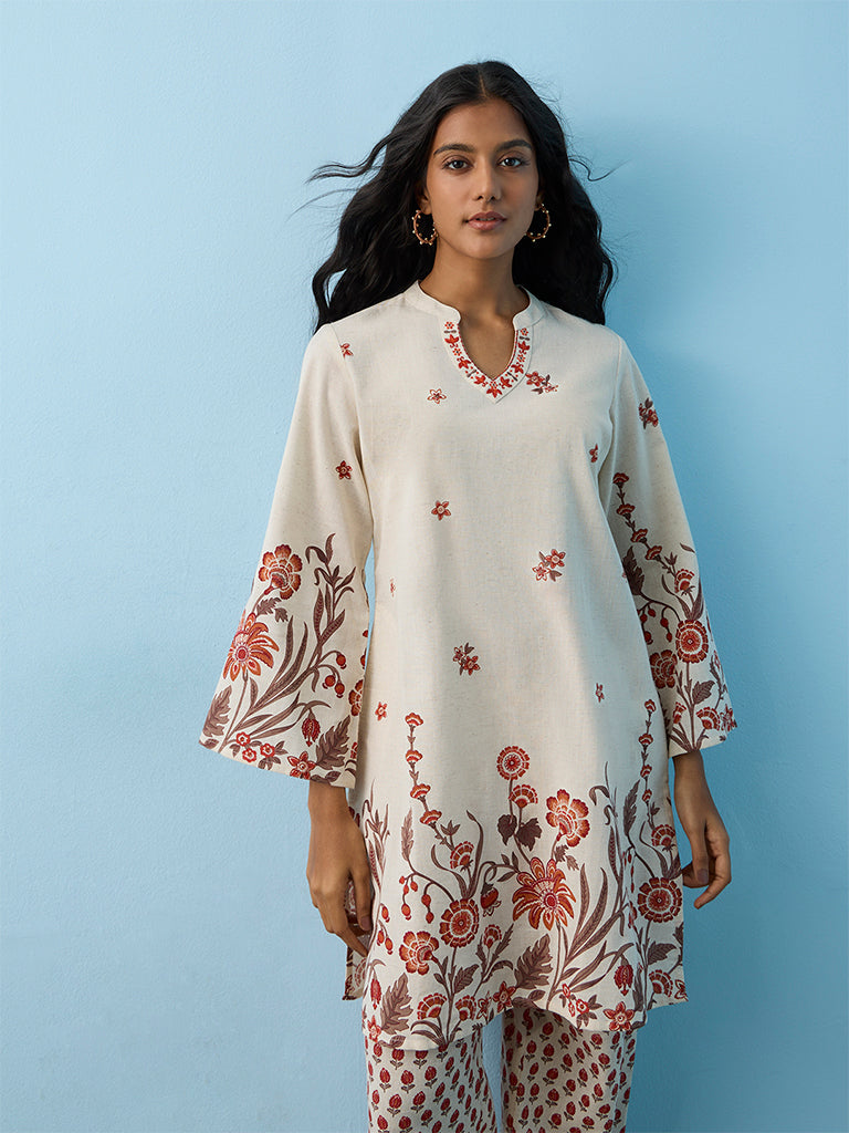Utsa Off-White Foliage Printed Cotton-Blend A-Line Kurta