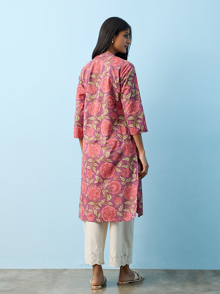 Utsa  Pink Floral Printed Cotton A-Line Kurta