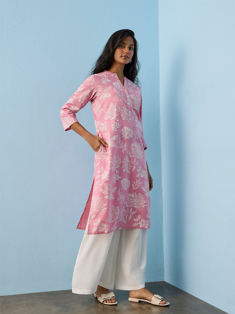 Utsa Pink Floral Printed Cotton Straight Kurta