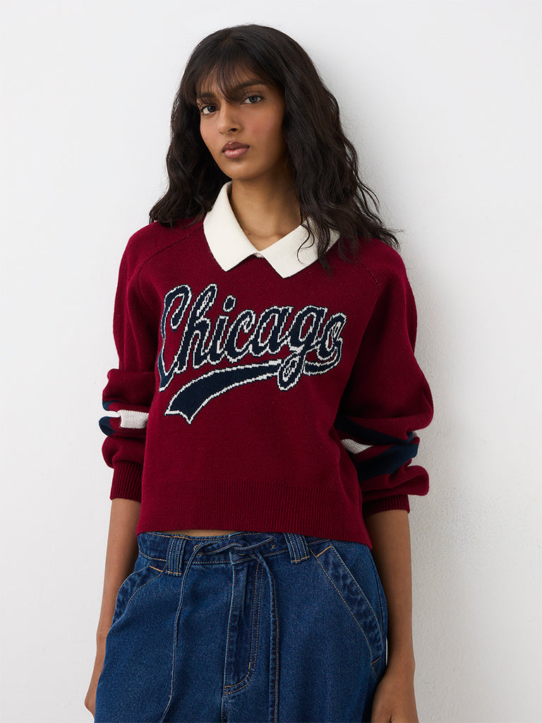 Nuon Red Typographic Knitted Sweater