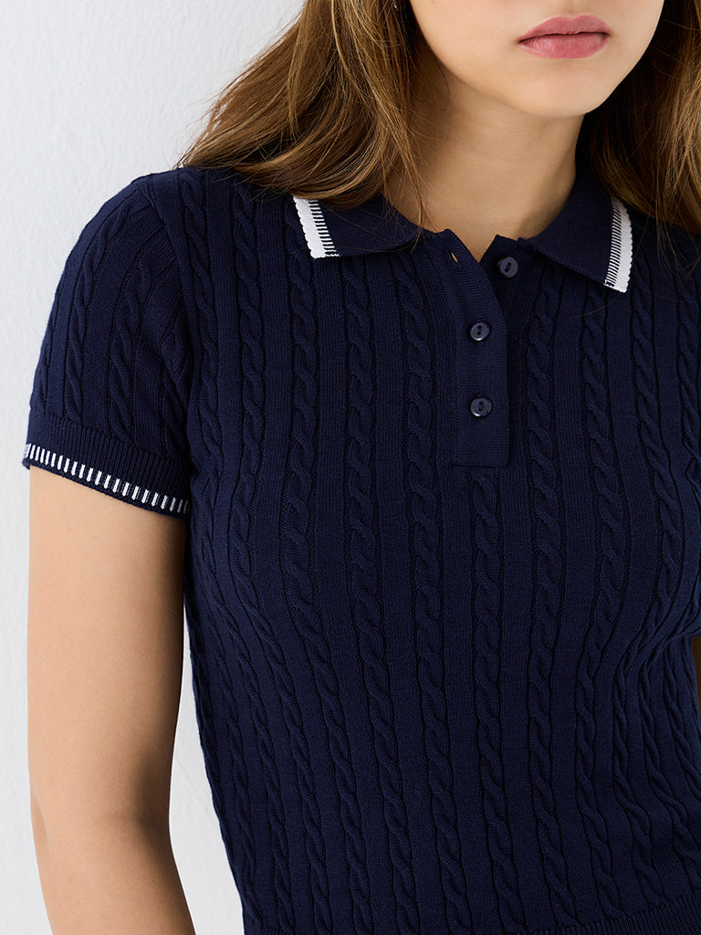 Nuon Navy Cable-Knit T-Shirt