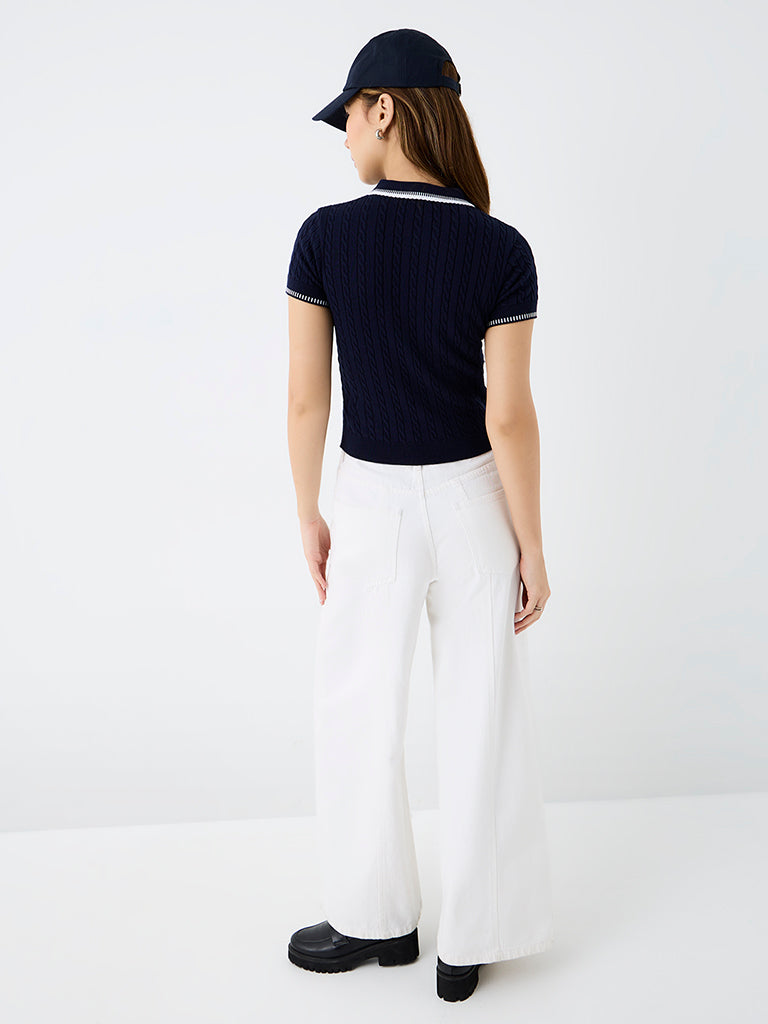 Nuon Navy Cable-Knit T-Shirt