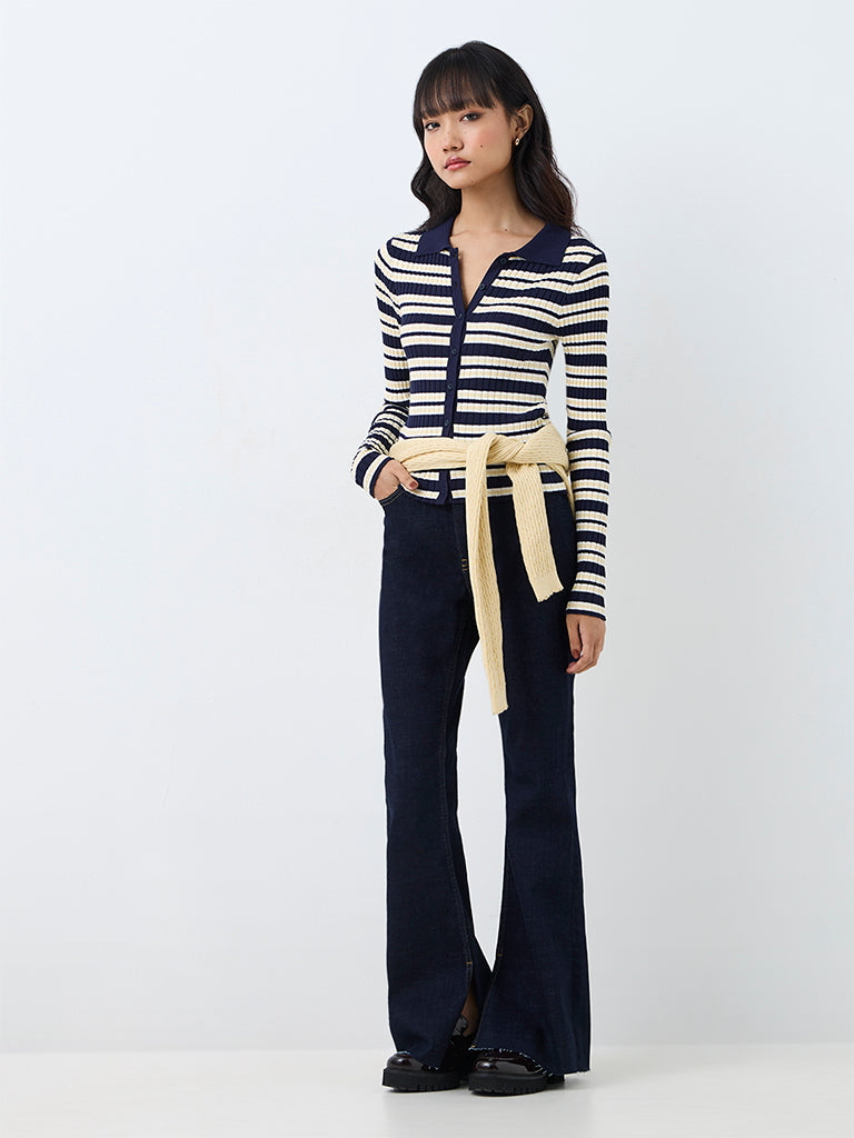 Nuon Navy Striped Ribbed-Knit Cardigan