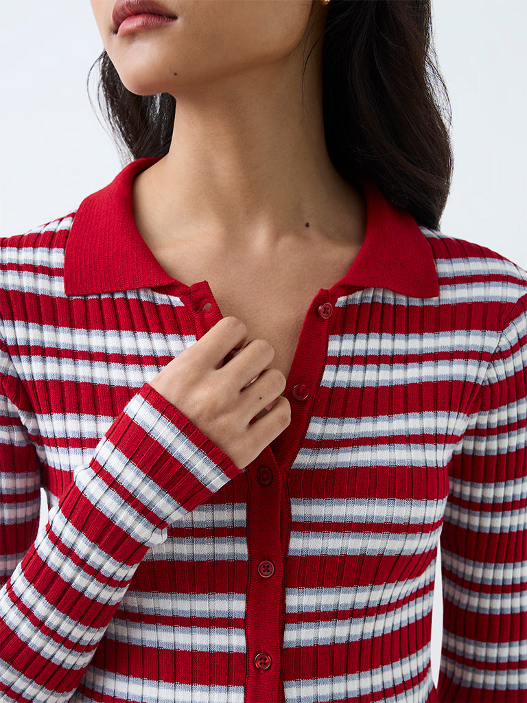 Nuon Red Striped Ribbed-Knit Cardigan