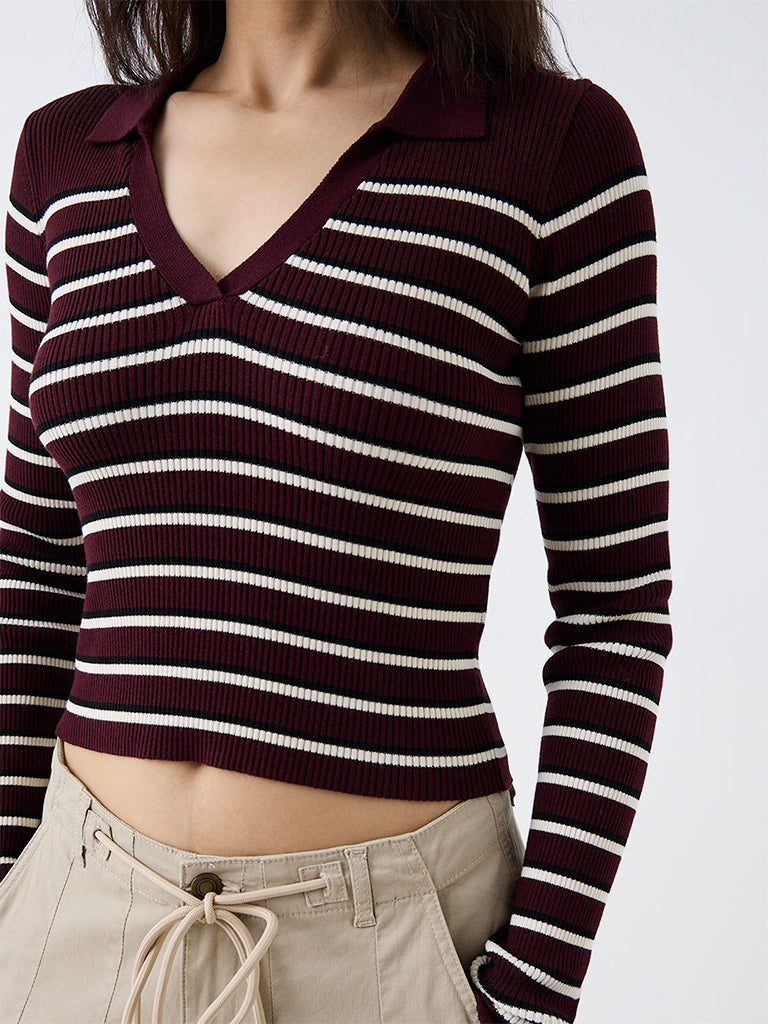 Nuon Burgundy Striped Ribbed Top