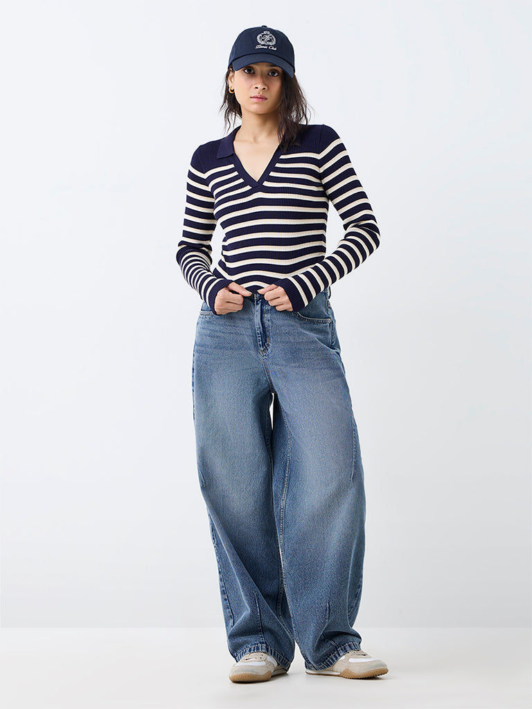 Nuon Navy Striped Ribbed-Textured Top