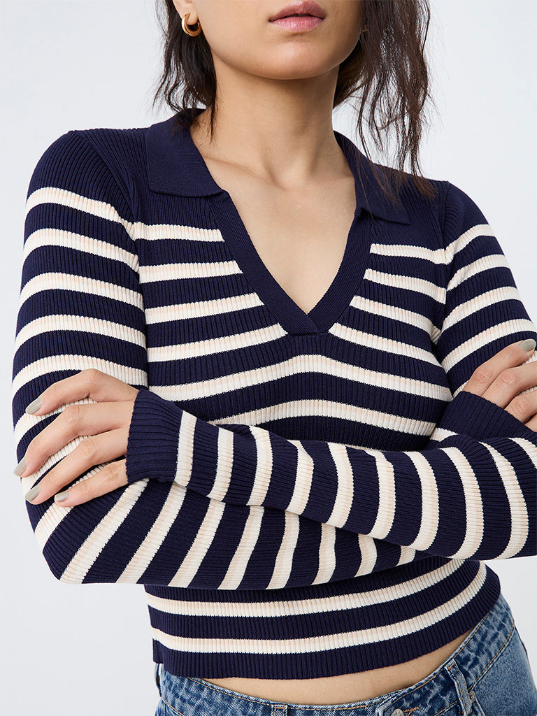 Nuon Navy Striped Ribbed-Textured Top