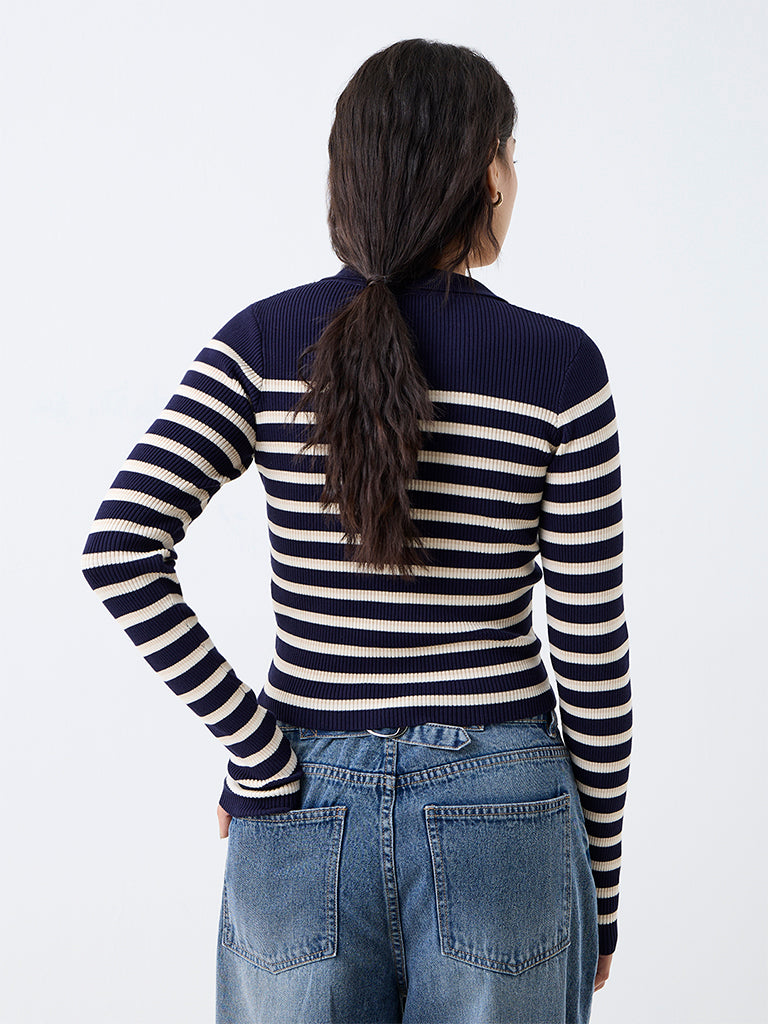 Nuon Navy Striped Ribbed-Textured Top