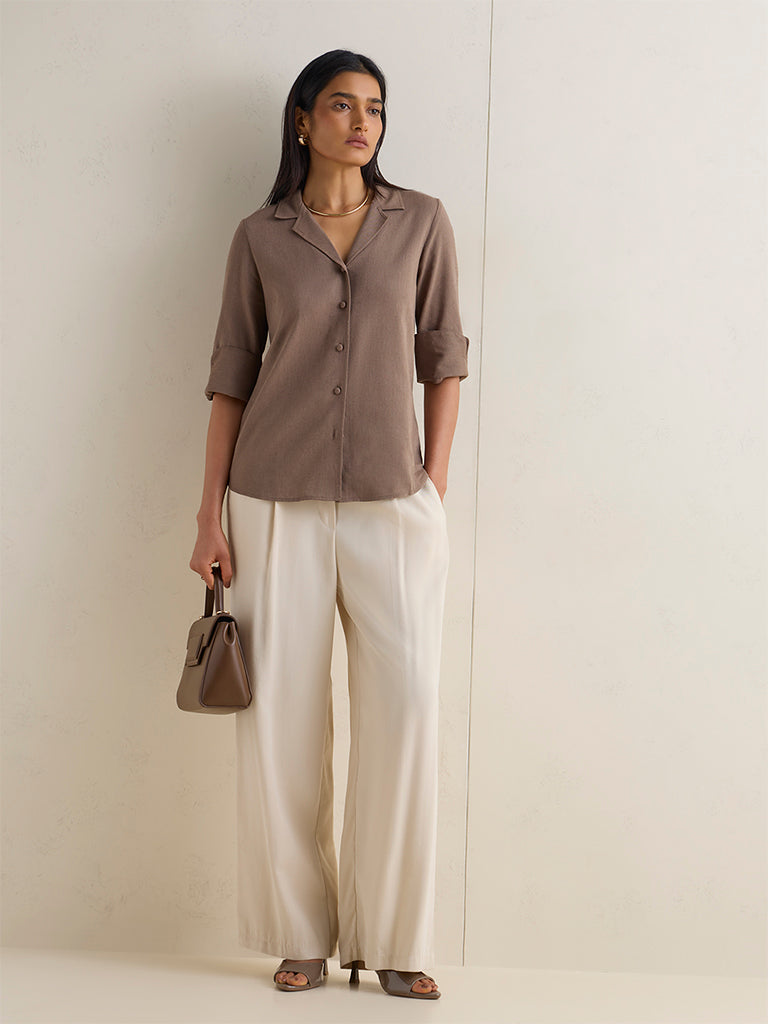 Wardrobe Taupe Solid Linen-Blend Shirt