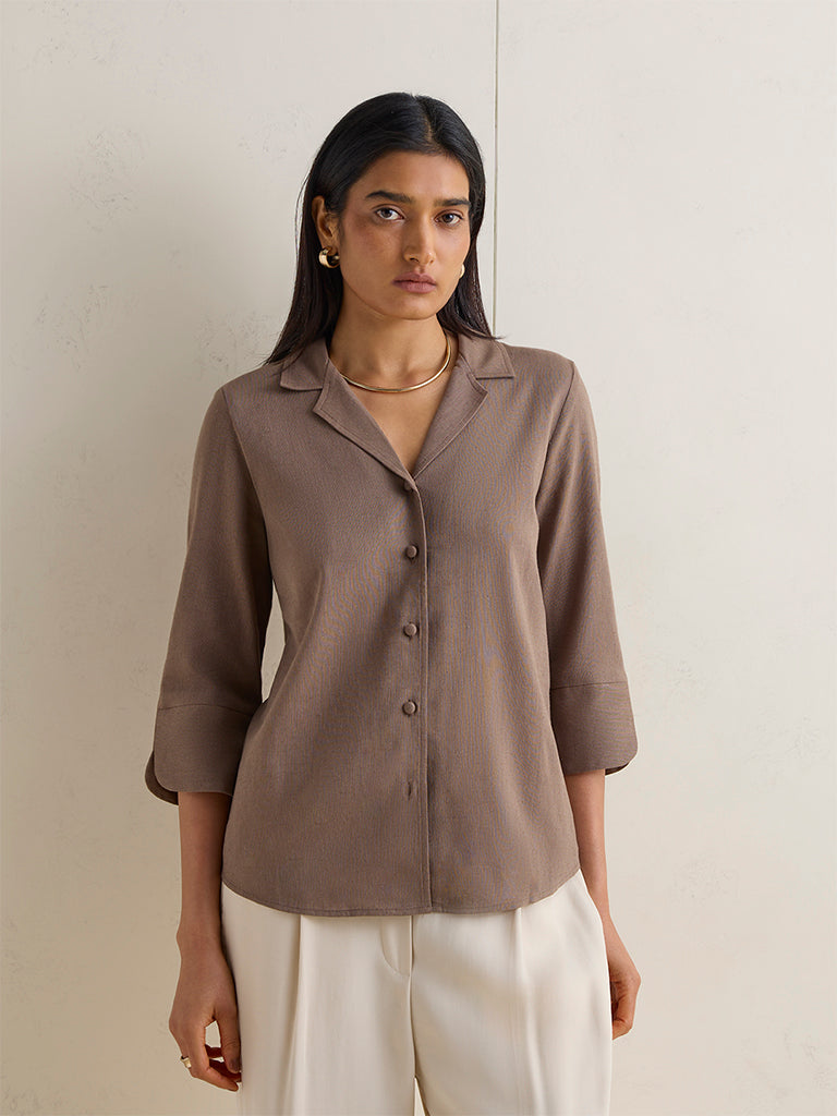 Wardrobe Taupe Solid Linen-Blend Shirt
