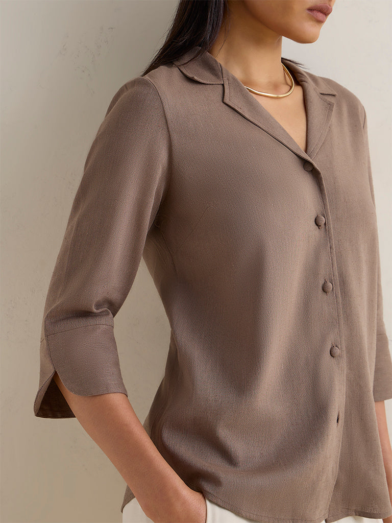 Wardrobe Taupe Solid Linen-Blend Shirt